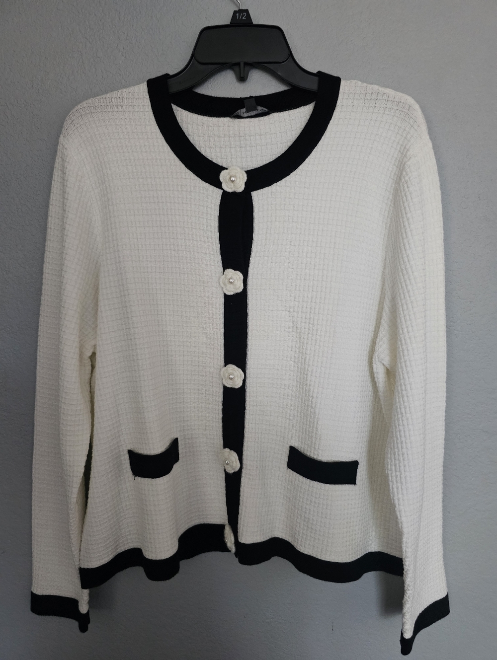 Adrianna Papell Ivory Cardigan with Black Trim and Floral Button